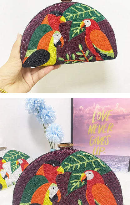 Multicolored Parrot Diamond Evening Bags Women Crystal Clutch Purse Cocktail Prom Bird Party Handbags Rhinestone Shoulder Bag