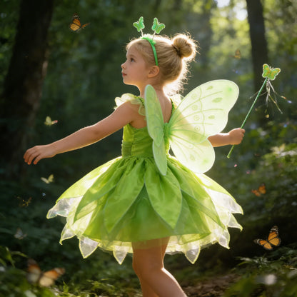 Childern Flower Fairy Dress Up Girls Princess Dress With Wings Halloween Elves Costume Carnival Party Tinkerbell Bell Dress