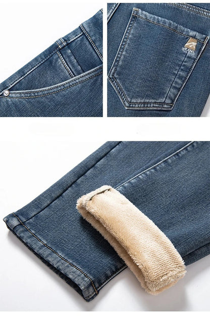 Winter Fleecy Thickened Warm Jeans Vintage Brand Classic Retro Youth Fashion Men Fit Straight Leg Casual Stretch Denim Pants
