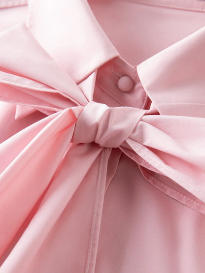 Pure Cotton Oversized Bow Detail Women's Autumn 2025 New Arrival Laid-Back Long Sleeve Blouse with Sash 25FS13213