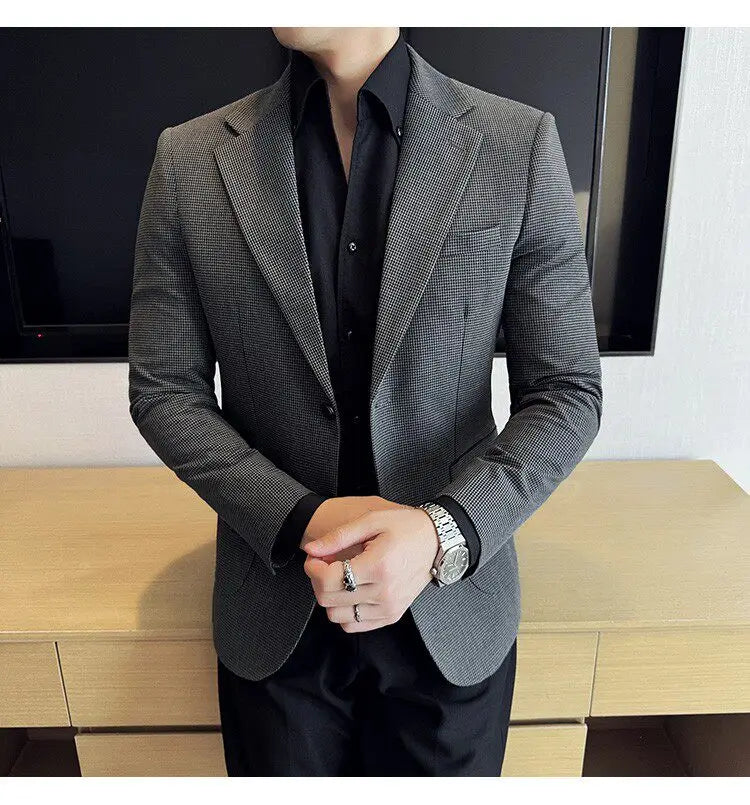 Korean Vintage Elegant Men's Business Slim Fit Suit Jacket 2026 New Fashion Lapel Single Breasted Men Social Party Dress Coats