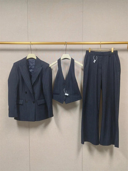 Women's Shiny Stripes Double Breasted Blazer Coat or Backless Vest Top or Zipper Long Pants Office Wear Long Sleeve Jacket Top