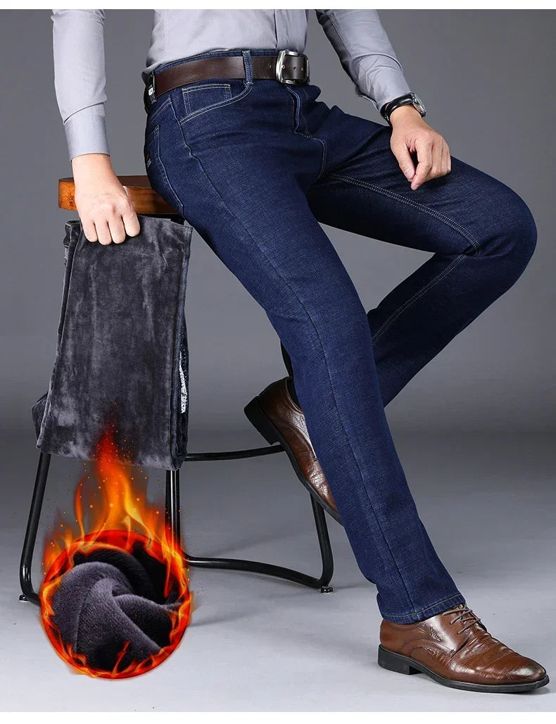 New Men's Fleece Warm Jeans Winter Thicken Plush Velvet Business Office Denim Trousers Brand Clothing Stretch Casual Male Pants