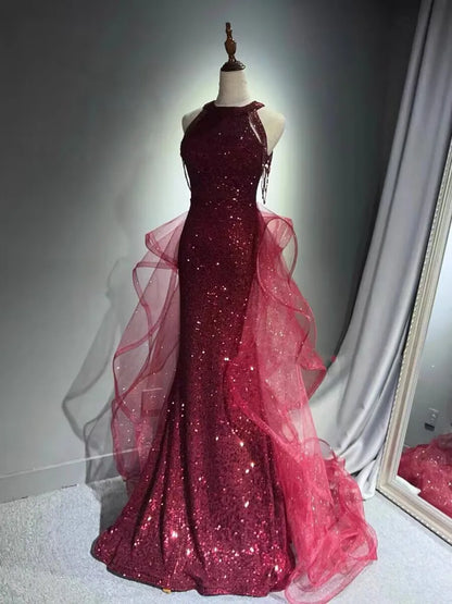 Elegant Sparking Navy Blue Evening Dresses Halt Beading Party Gown Customized Prom Dress 2025 Tiered robes de soirée Sweep Train