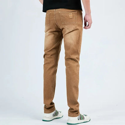 2025 Autumn New Men's Slim Elastic Jeans Fashion Korean Small Straight Pencil Pants Soft Comfortable Casual Green Denim Pants