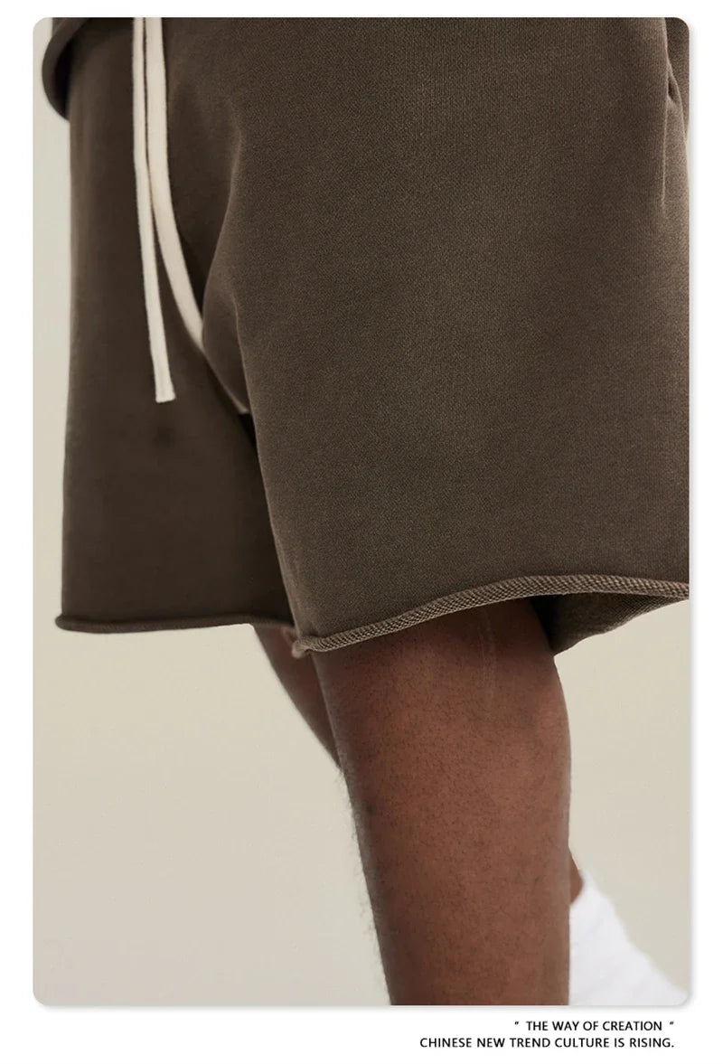 New Summer Men Retro Washed Shorts Unisex Drawstring Loose Edge 420gsm Solid Knee Length Cotton Pants Streetwears HY0589