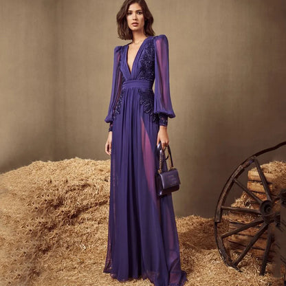 Dark Purple V Neck Long Sleeve Evening Dress Chiffon Pleated Applique Floor Length Beach Party Banquet Women Customized Gown