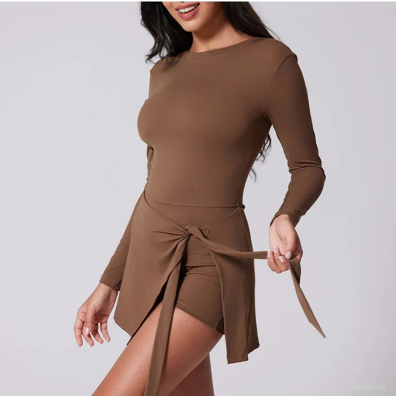 Womens High Neck Tennis Dress Long Sleeve Sarong Wrap Skirt Built in Shorts Golf Athletic Dress Workout Rompers
