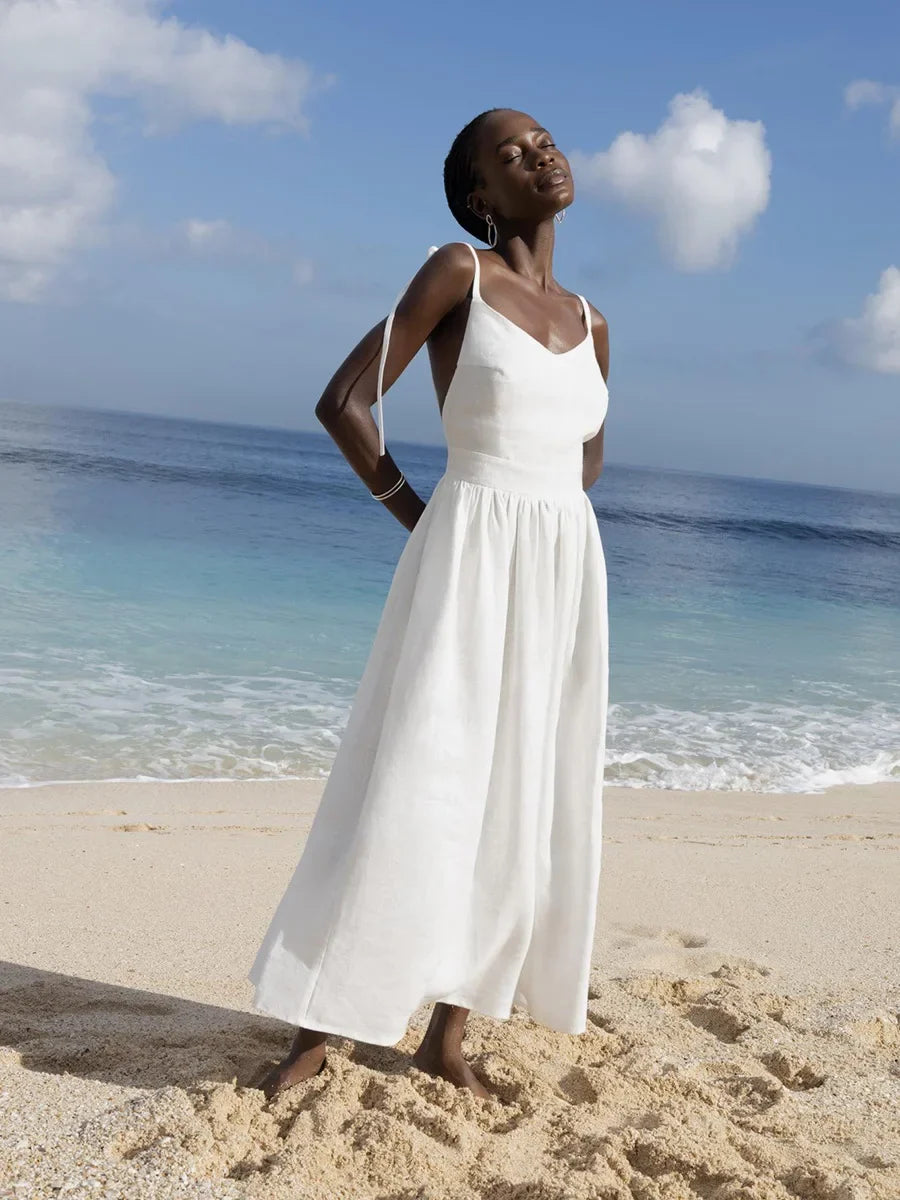 Spring Summer Beach Style Women Dress Vintage Loose A-line Sling Dress Sexy Hot Girl 100% Cotton V-neck Dress