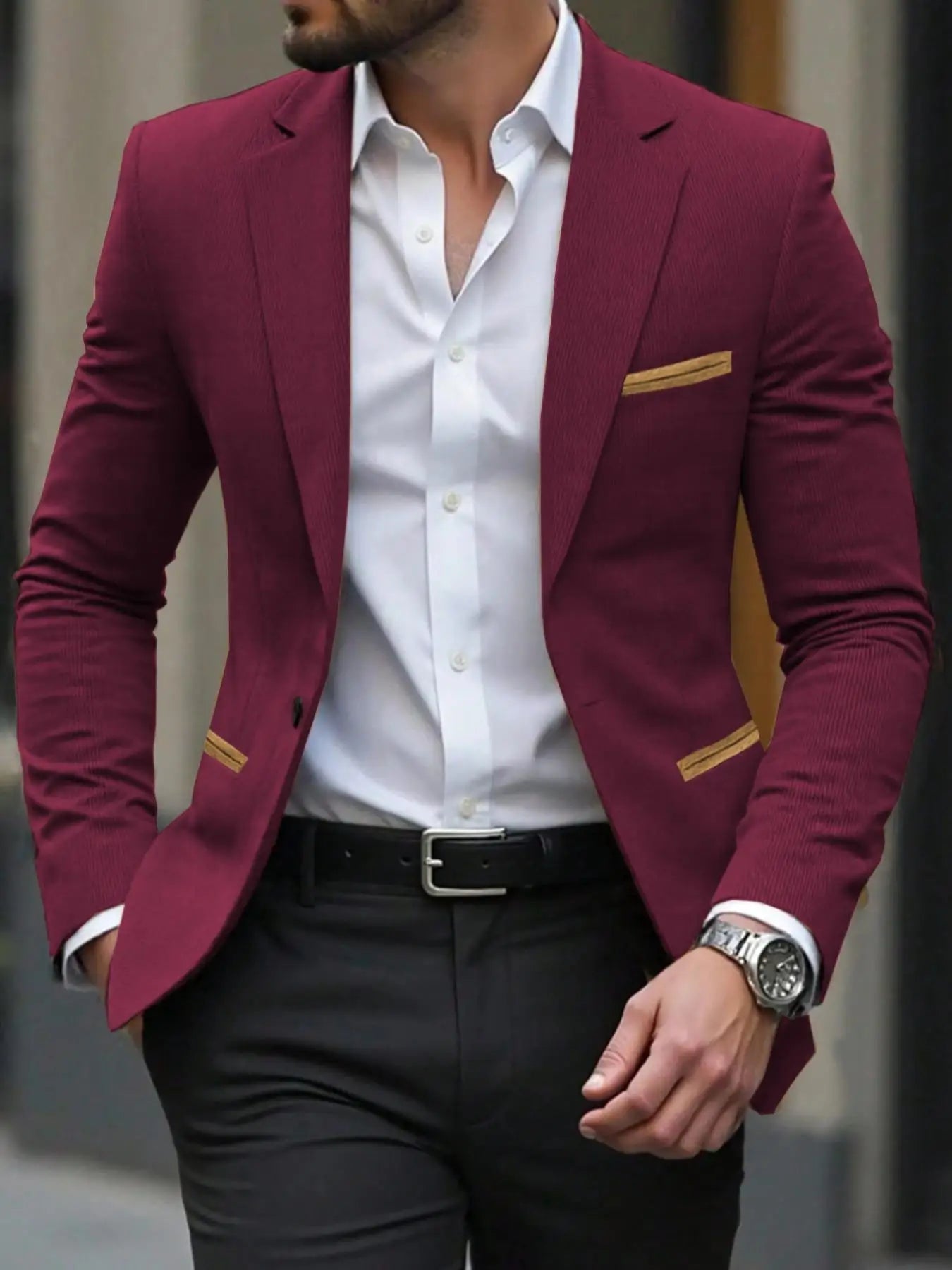 Men's Corduroy Blazer Jacket Medium Thick Business Suit Spring & Fall Season Fitted Design Woven Fabric Style