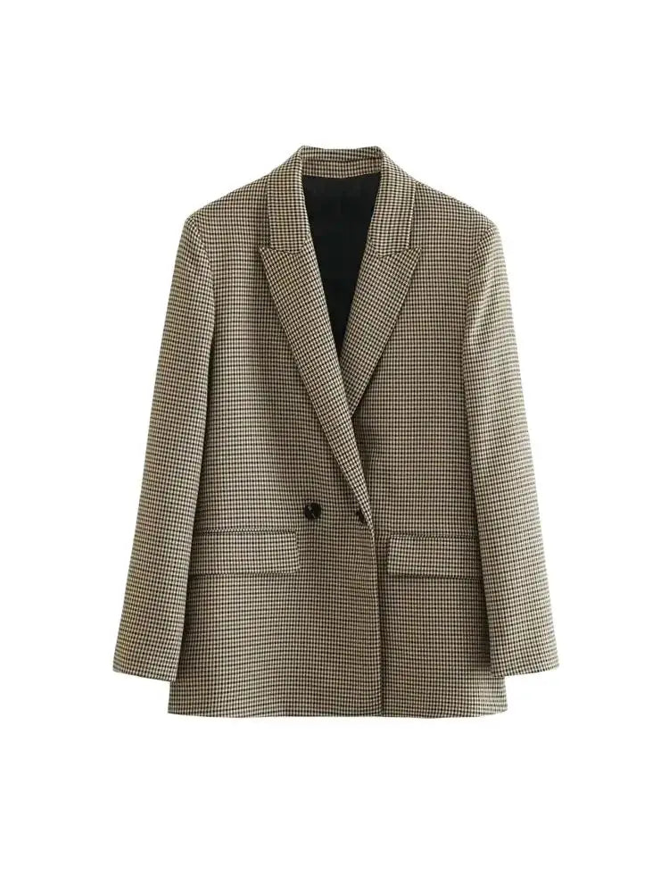 Women Fashion Double Breasted Plaid Blazer Coat Vintage Long Sleeve Flap Pockets Female Outerwear Chic Vestes Femme
