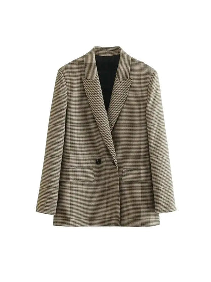 Women Fashion Double Breasted Plaid Blazer Coat Vintage Long Sleeve Flap Pockets Female Outerwear Chic Vestes Femme