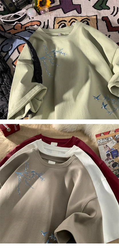 Men's Oversized T-shirts Fashion White 5XL Cotton T Shirt for Men Casual Summer Wear Bird Print Tee Shirts Men Clothing