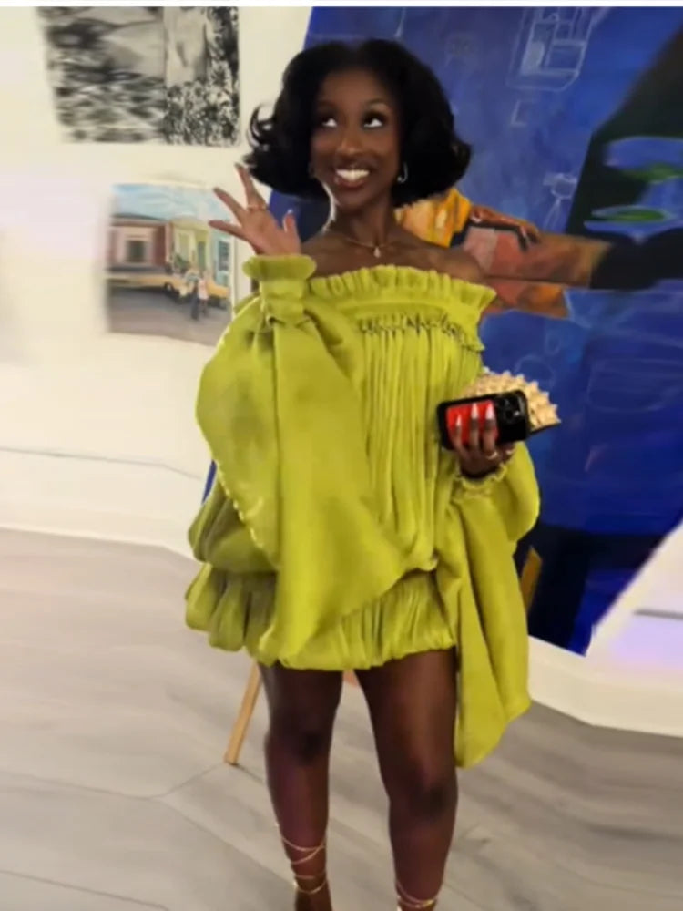 Lime Green Off-shoulder Pleated Short Dress Chic Smocked Waist Bubble Vistidos Women's Tiered Full Sleeve Beach Club Party Gown