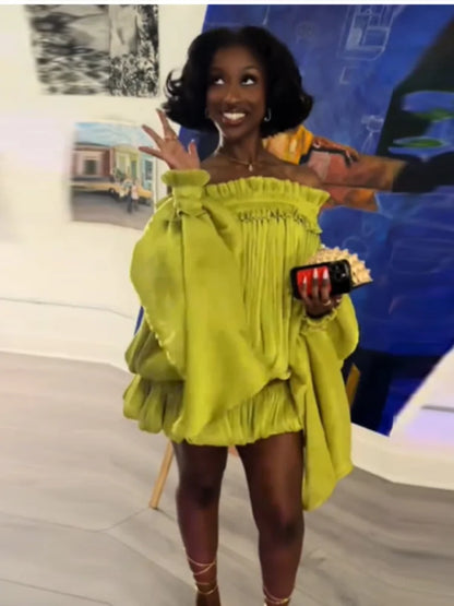 Lime Green Off-shoulder Pleated Short Dress Chic Smocked Waist Bubble Vistidos Women's Tiered Full Sleeve Beach Club Party Gown