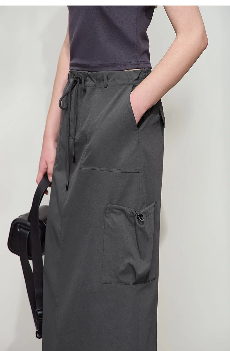 Minimalist Women Clothing Skirt 2025 Autumn New Casual Loose Multi-pocket Drawstring Elastic Waist Long Skirt 12522020