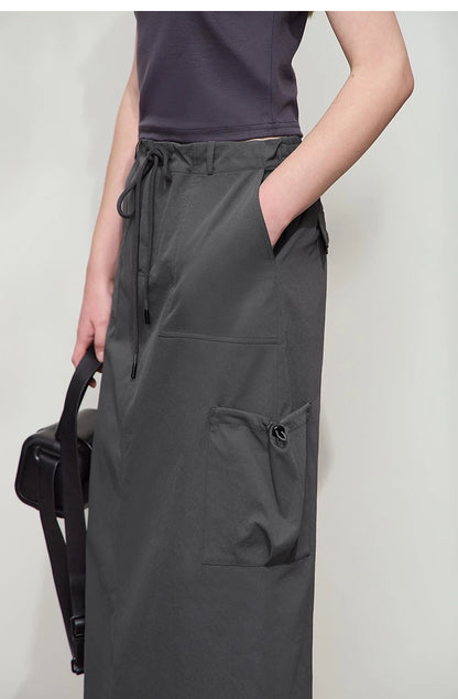 Minimalist Women Clothing Skirt 2025 Autumn New Casual Loose Multi-pocket Drawstring Elastic Waist Long Skirt 12522020