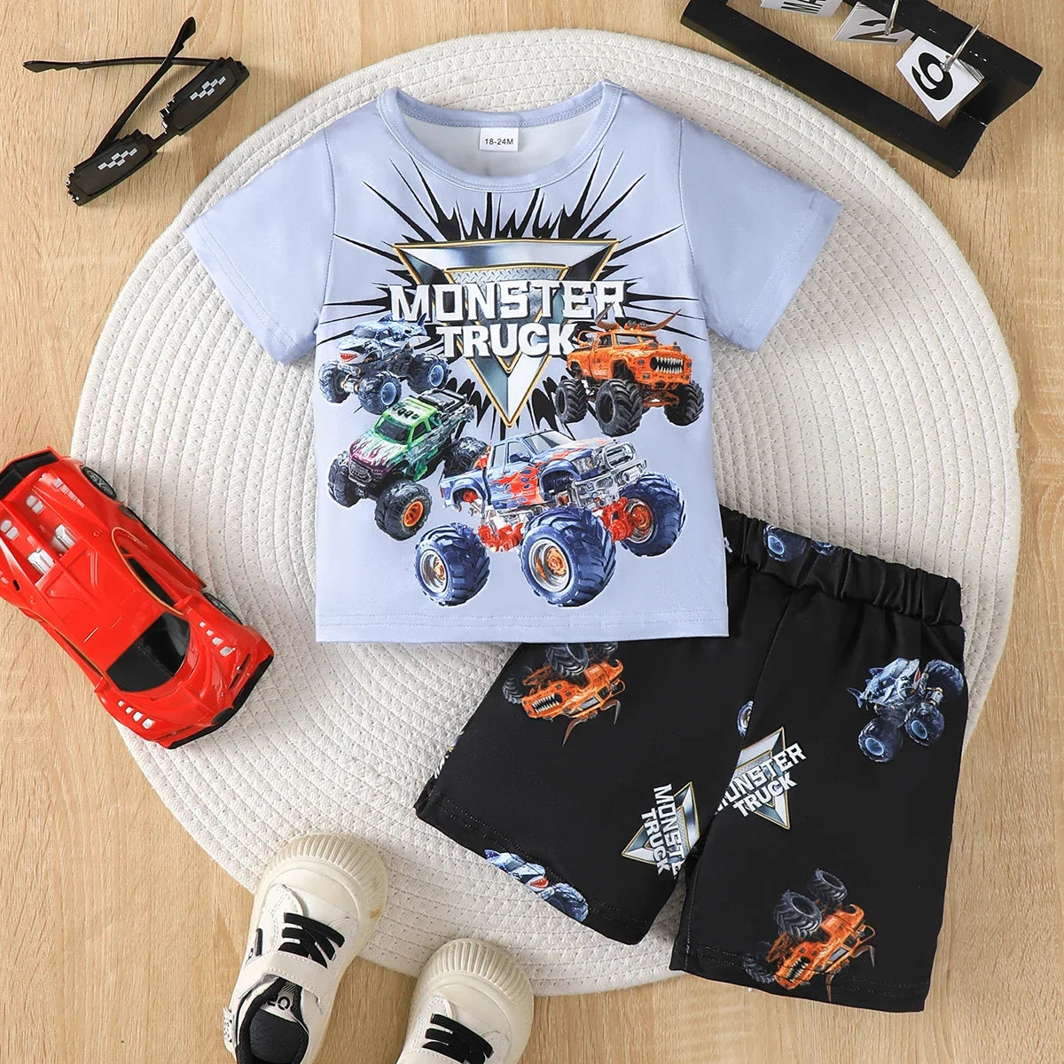 Boys' set car letter pattern positioning print round neck short sleeved T-shirt paired with shorts cool boys' two-piece set