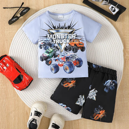 Boys' set car letter pattern positioning print round neck short sleeved T-shirt paired with shorts cool boys' two-piece set