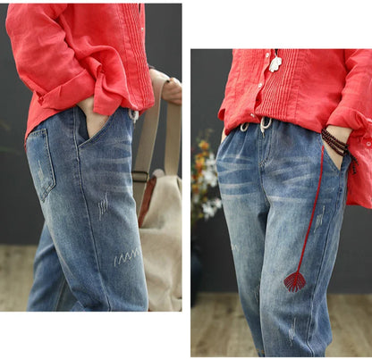Fashion Summer Ladies Ripped Loose Jeans Womens Leisure Embroidery Denim Trousers Vintage Females Elastic Harem Pants