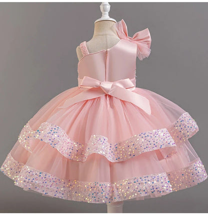 Fashion Birthday Dress Lace Mesh Bow Kids Girls Sequin Dress Summer Children Clothing Princess Ball Gown Pageant 1-6 Years