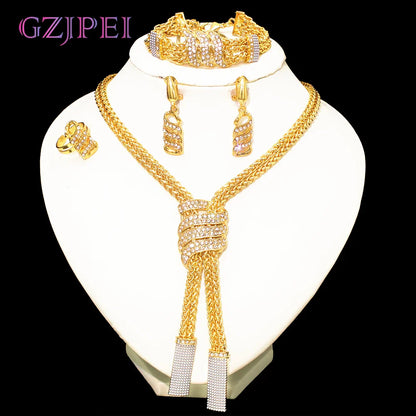 Design Women Jewelry Set 18K Gold Color Charm Necklace Chain Braclete Chic Earring Ring Indian Nigeria Jewellery Gift