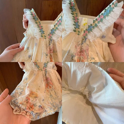 Fashion 2-7 Years Girl Print Lace Sleeveless Vest Princess Dresses Summer Beige Flower Kids Casual Clothes Korean Version