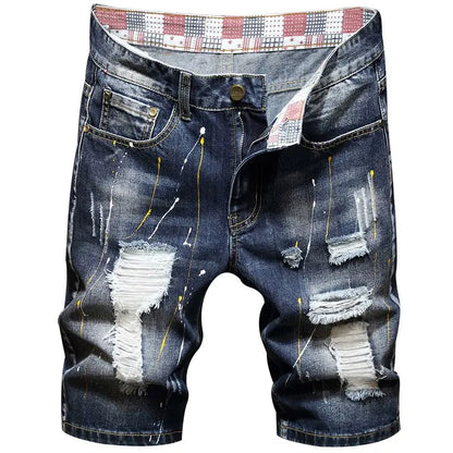 2025 Summer New Fashion Men's Graffiti Ripped Short Jeans Casual Slim Big Hole Retro Style Denim Shorts Male Brand Clothes