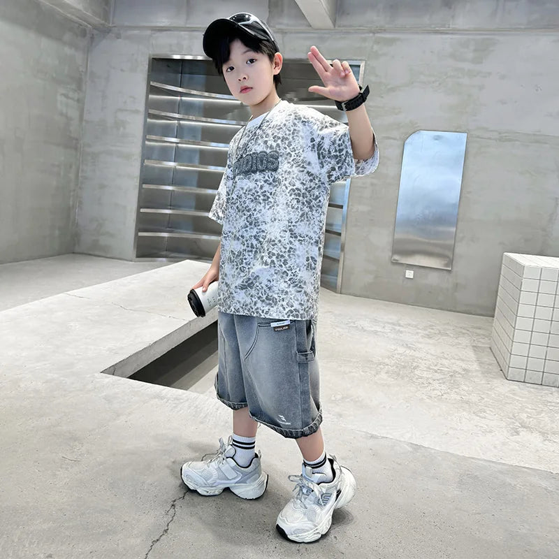 Baby Child Summer Cotton Suit With Shorts for Boy Leopard Print T-shirt + Denim Shorts Top and Bottom Clothes Set For Kids 2-14Y