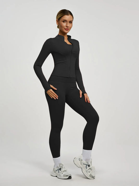 Fitfemme 2Pcs Women's Spring Yoga Sport Suit High Waist Legging Jacket Lifting Running Pants Outdoor Set