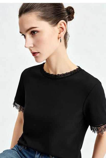 Women's T-Shirt 2026 Summer New Round Neck Lace Patchwork Women's Tee Shirt Solid Color Elegant Short Sleeve Top 12642068