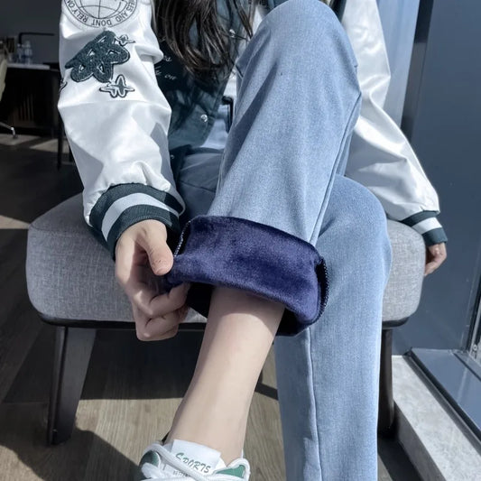 Black 2024 Winter Straight Fleece Jeans Women Casual Vintage Warm Thick Loose High Waist Elastic Velvet Denim Pants