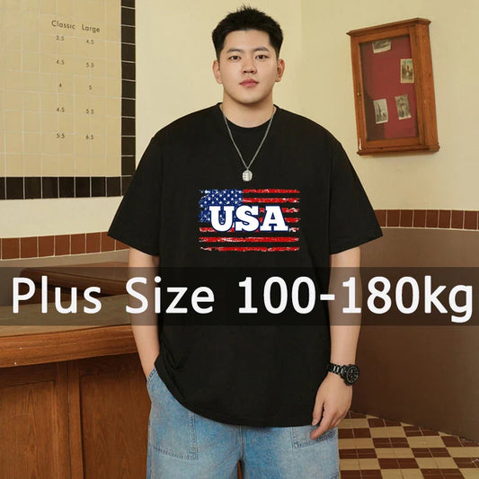 MenT Shirts Printed Tee Plus Size 110-180kg 5XL 6XL 7XL Black T-shirt Round Neck Short Sleeve Oversized Tops Big Men Clothing