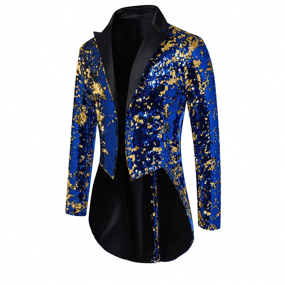 2026 Men's Blue Metallic Shiny Sequins Tuxedo, Performance,Party Dress Coat, Fashion Long Cardigan Suit Jacket,Red, Gold Blazers