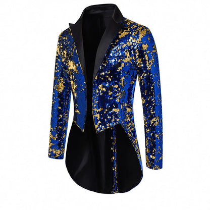 2026 Men's Blue Metallic Shiny Sequins Tuxedo, Performance,Party Dress Coat, Fashion Long Cardigan Suit Jacket,Red, Gold Blazers