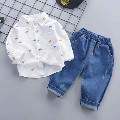 2-5 Years Spring Autumn Comfortable Casual Boys Clothing Set 2 Color Cartoon Car Full Sleeve Shirt + Jeans 2Pcs Outfit For Kids