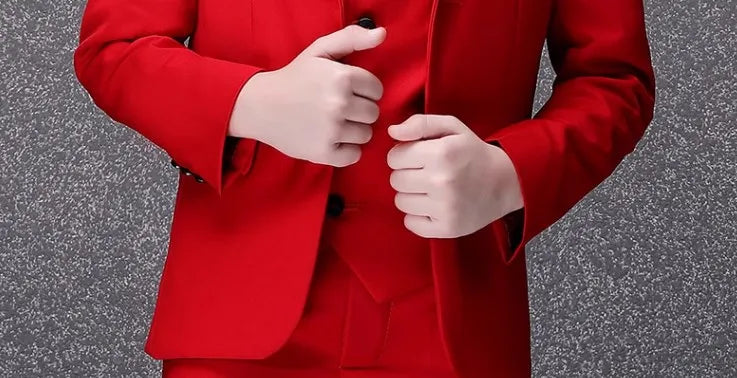 Flower Boys Red Wedding Suit Children Jacket Vest Pants Bowtie 4PCS Photograph Suit Teenager Tuxedo Dress Kids Birthday Costume