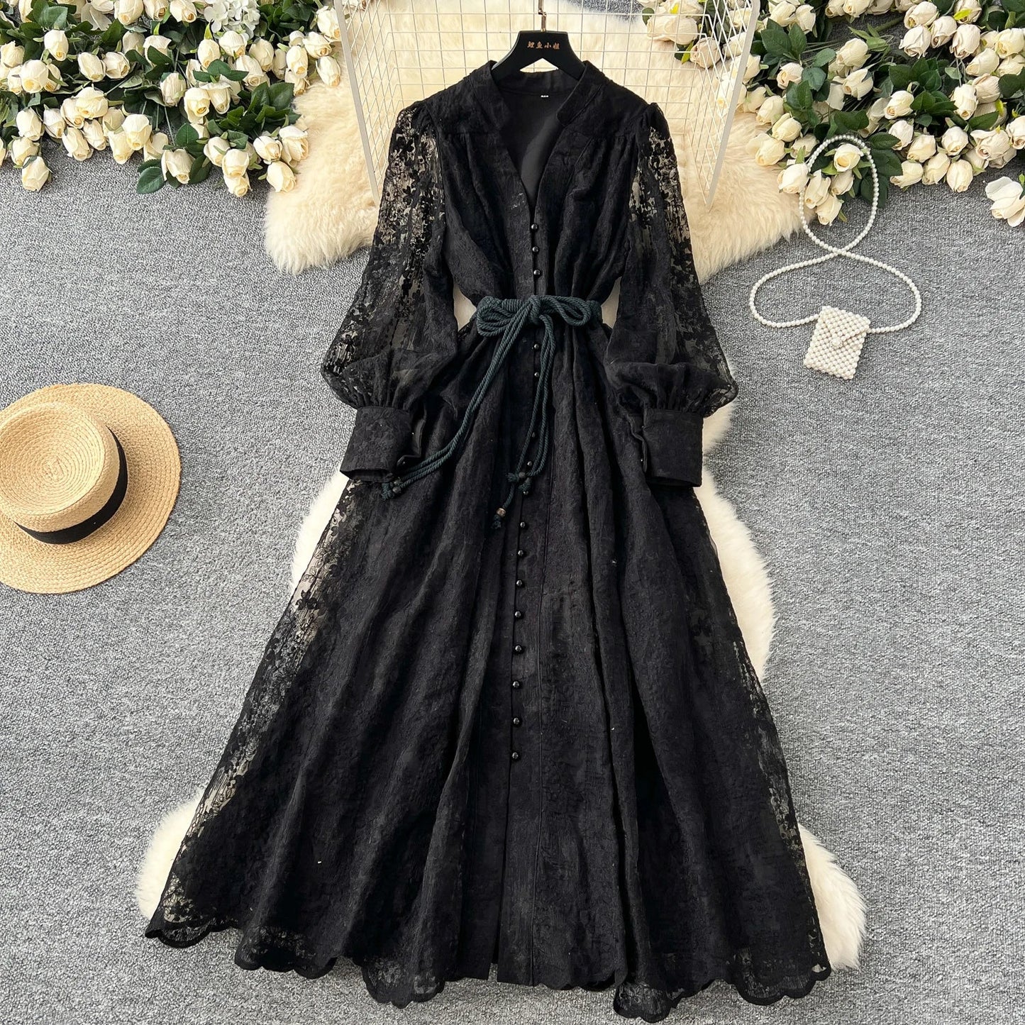 High-End Women's Dress Heavy Embroidery A-Line Long Skirt V-Neck Lantern Sleeve Single Button High Waist Korean Style Commute