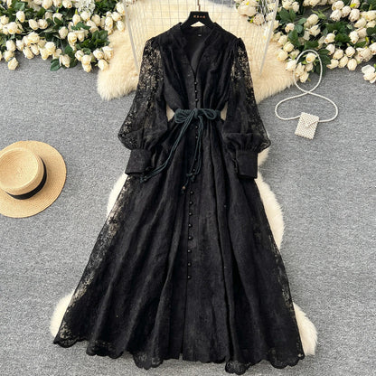 High-End Women's Dress Heavy Embroidery A-Line Long Skirt V-Neck Lantern Sleeve Single Button High Waist Korean Style Commute
