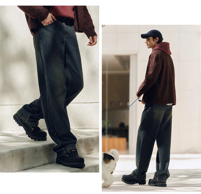 Jeans Men Vintage Washed Whiskered Loose Fit Straight Leg Classic Casual Pants 2025 Autumn Winter