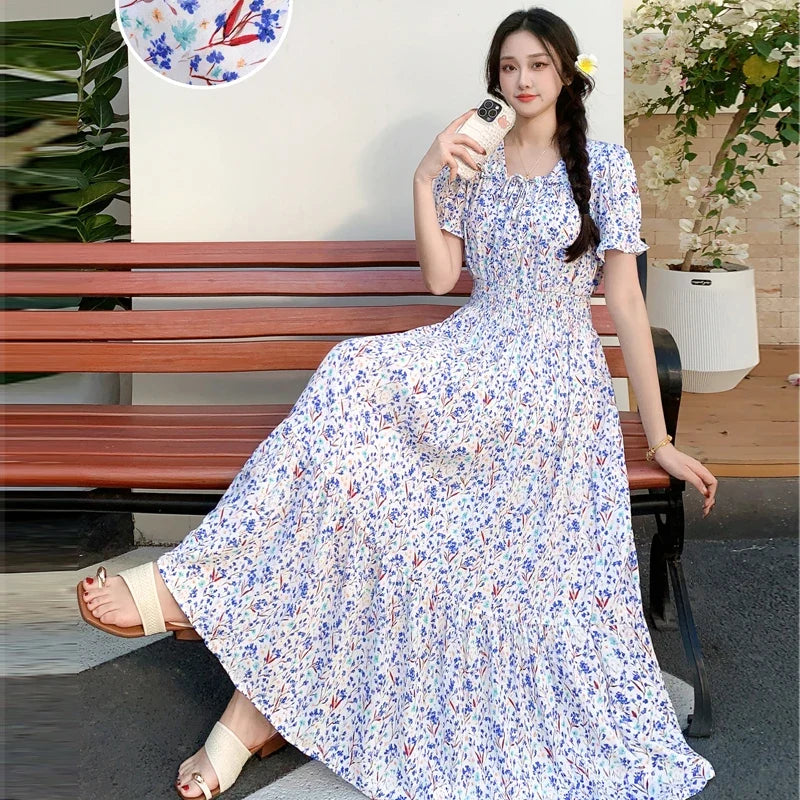 Summer New Cotton Silk Floral Print Maxi Dr ort Sve Beachwear High Waist Young Women's Large Skirt Swing Dr