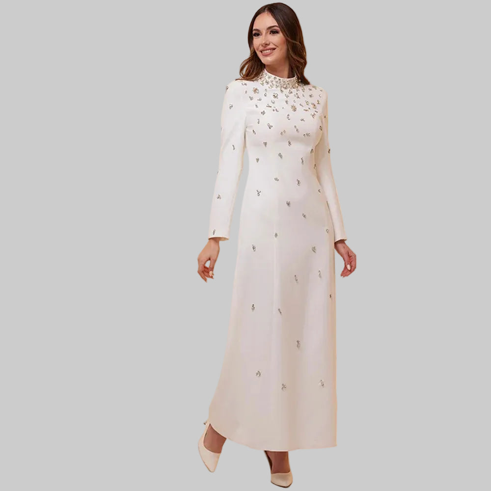 Simple Jersey Evening Dress Temperament Long Sleeves A-Line Prom Dresses Customized Sparkly Crystal Special Occasion Gowns