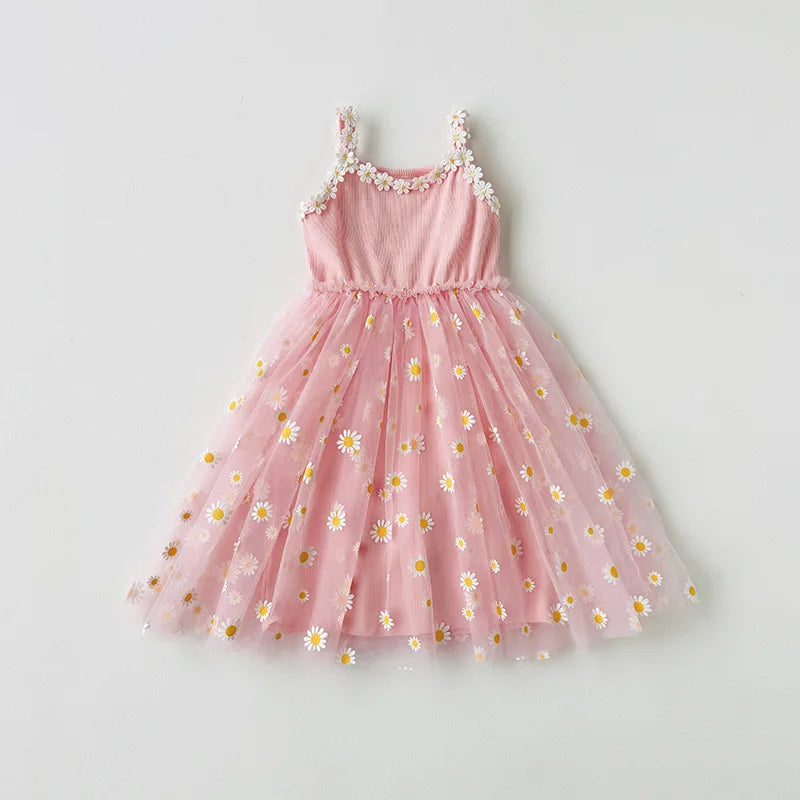 Girls Casual Dresses Little Daisy Flower Mesh Dress for Girls Summer Camisole Pompadour Dress Girls Clothes for2 To 7 Years