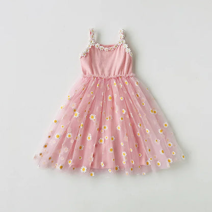 Girls Casual Dresses Little Daisy Flower Mesh Dress for Girls Summer Camisole Pompadour Dress Girls Clothes for2 To 7 Years