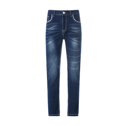 Vintage Men Jean Denim Pants Washed Pockets Mid Waist Zipper Fly Loose Fit Punk Style Distressed Ankle Length Straight Jeans
