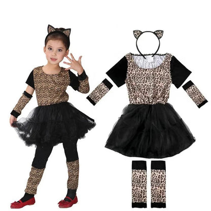 Funny Cute Cartoon Animal Cosplay Girls Tigers Leopards Dress Birthday Costume for Girl Christmas Carnival Outfit Headband