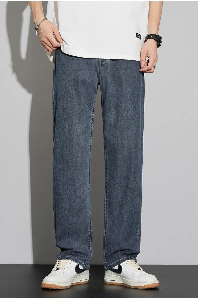 2025 New Lyocell Summer Thin Business Male Pants Jeans Men's High Waist Loose Comfortable Straight Elastic Denim Trousers