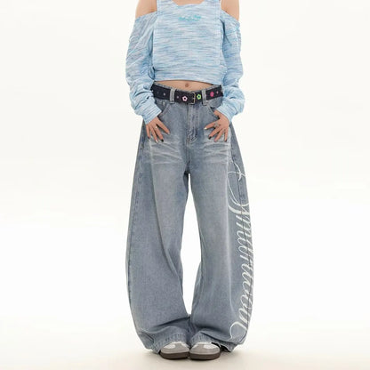 Blue Loose Wide Leg Jeans Women's Fashion High Waist Straight Cut Casual Trousers Autumn New Style Slimming Effect Cotton Pol...