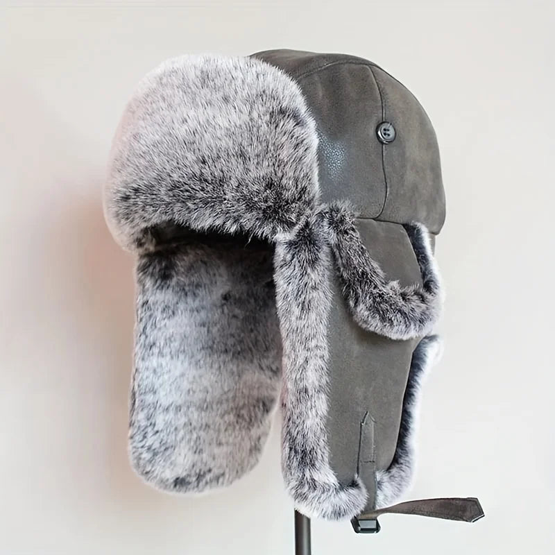 1 Piece Men Women Winter Ushanka Hats Russian Bomber Hat with Ear Flap Pu Leather Faux Fur Trapper Cap Snow Hunting Skiing Cap