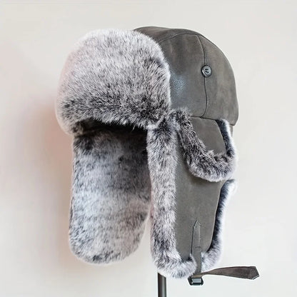 1 Piece Men Women Winter Ushanka Hats Russian Bomber Hat with Ear Flap Pu Leather Faux Fur Trapper Cap Snow Hunting Skiing Cap